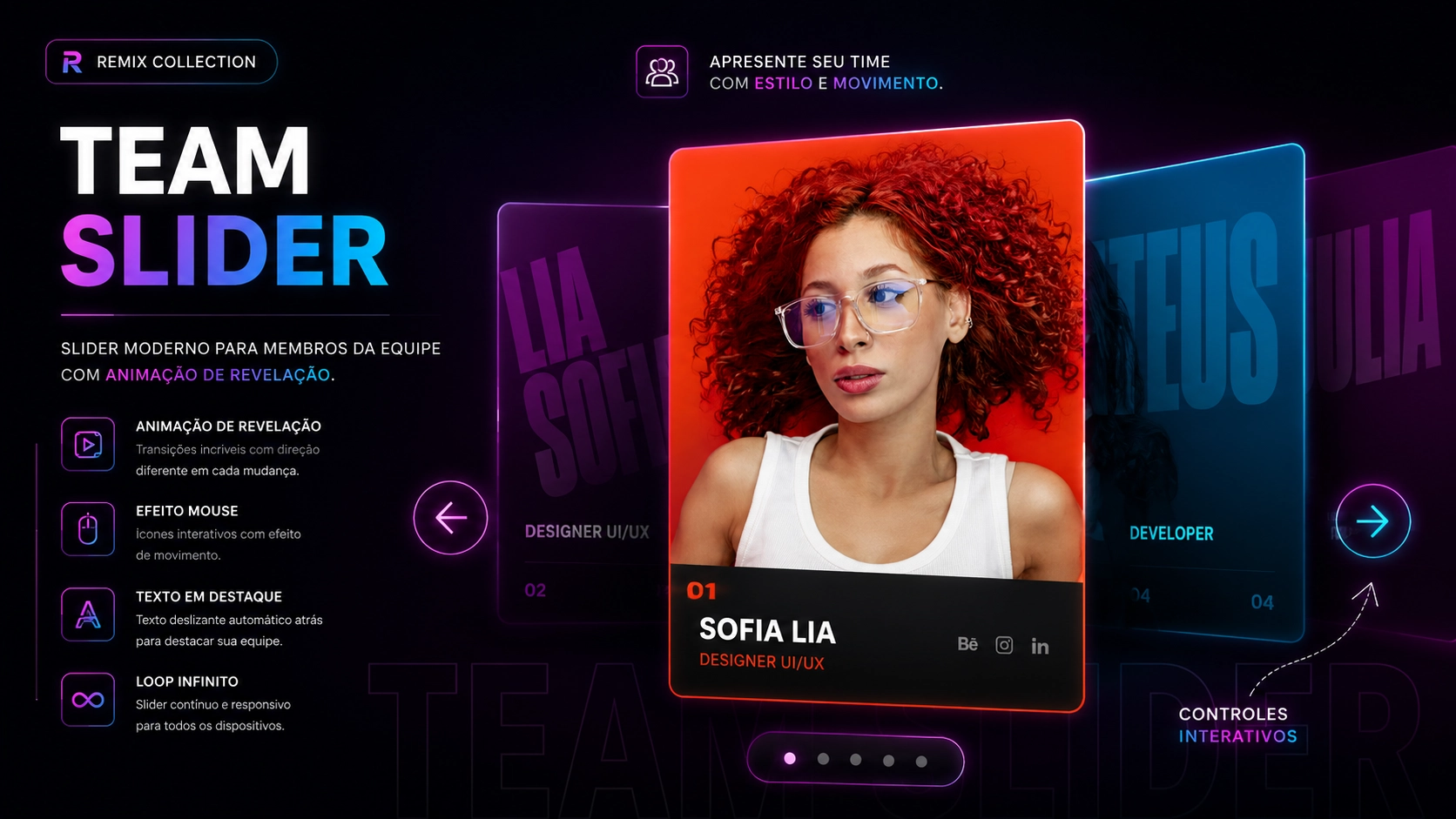 Slider de membros da equipe do Elementor com animação de revelação